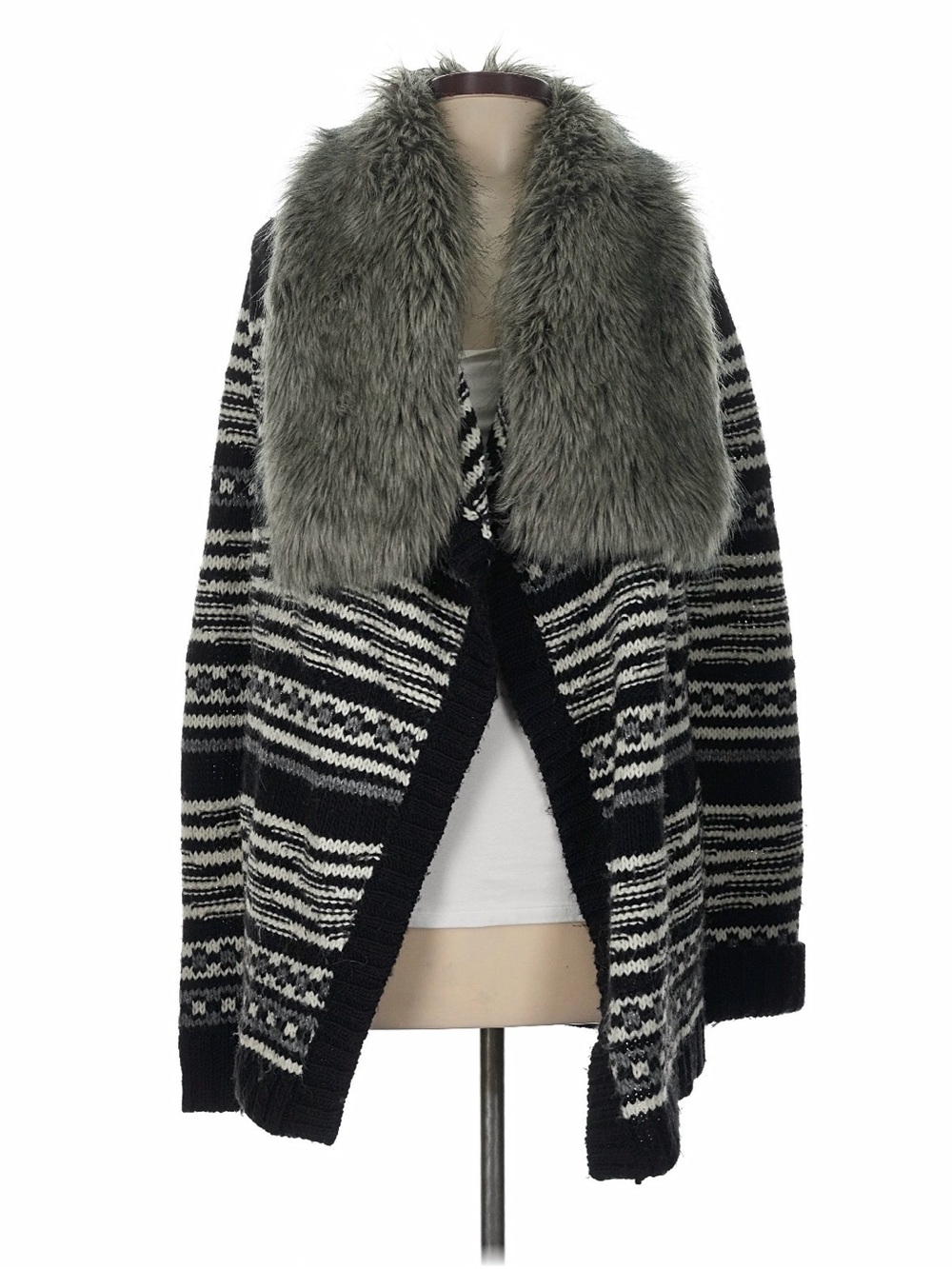 Express Black & Gray Patterned Open-Front Cardigan with Faux Fur Collar
